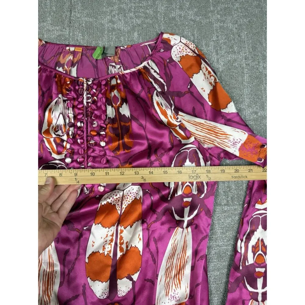 Tory Burch 100% Silk Beetle Print Top Fuchsia Orange Cream Size 6 - Picture 4 of 8